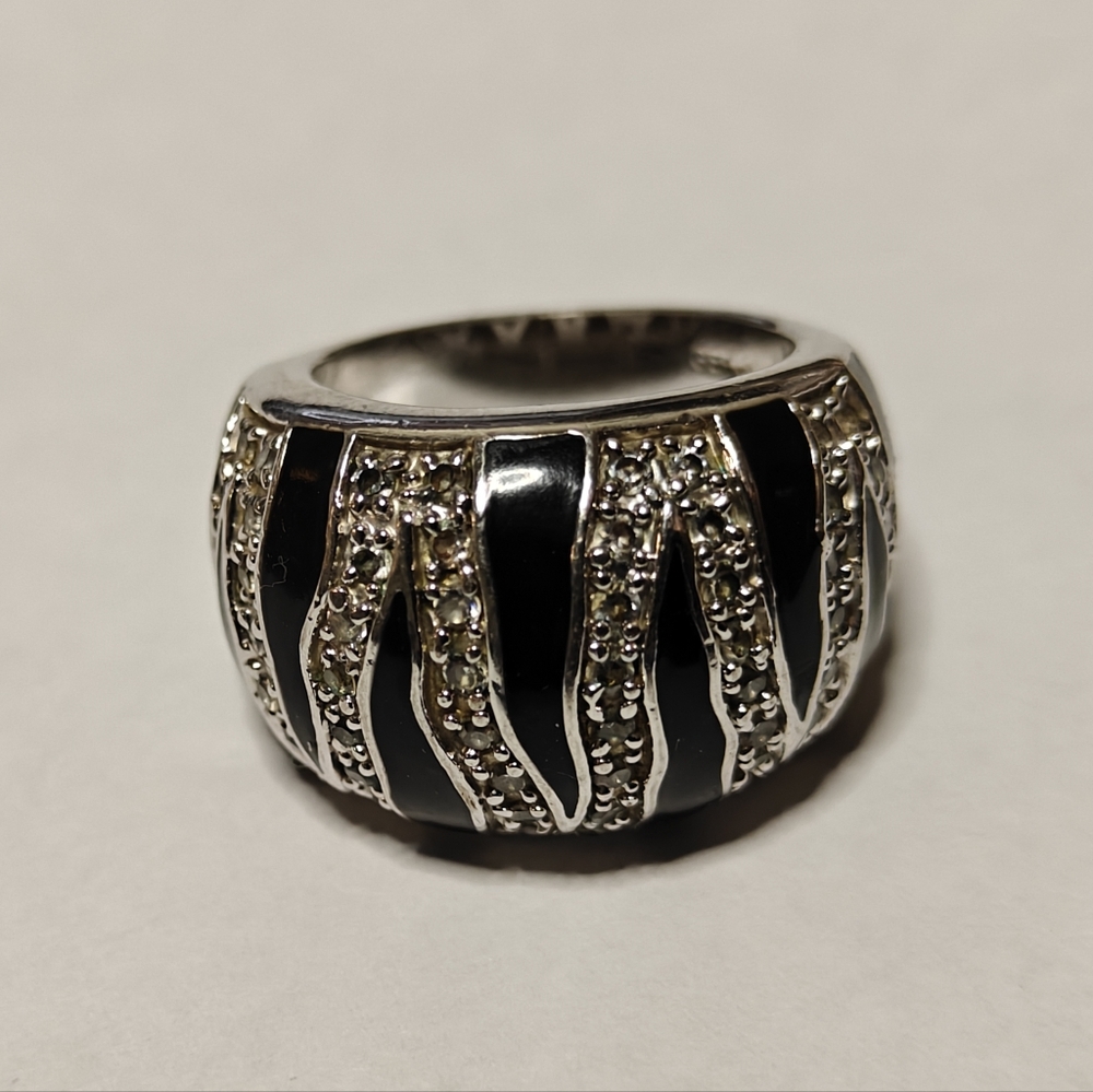 Sparkly Zebra Patterned Black Enamel & Clear Crystals Ring Signed GEP